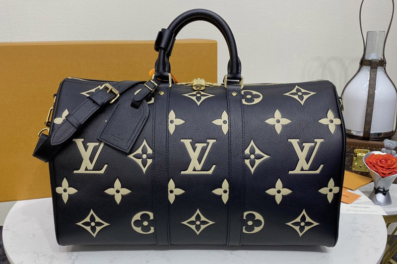 Louis Vuitton M46670 LV Keepall Bandoulière 45 Bag in Black/Beige Monogram Empreinte embossed leather
