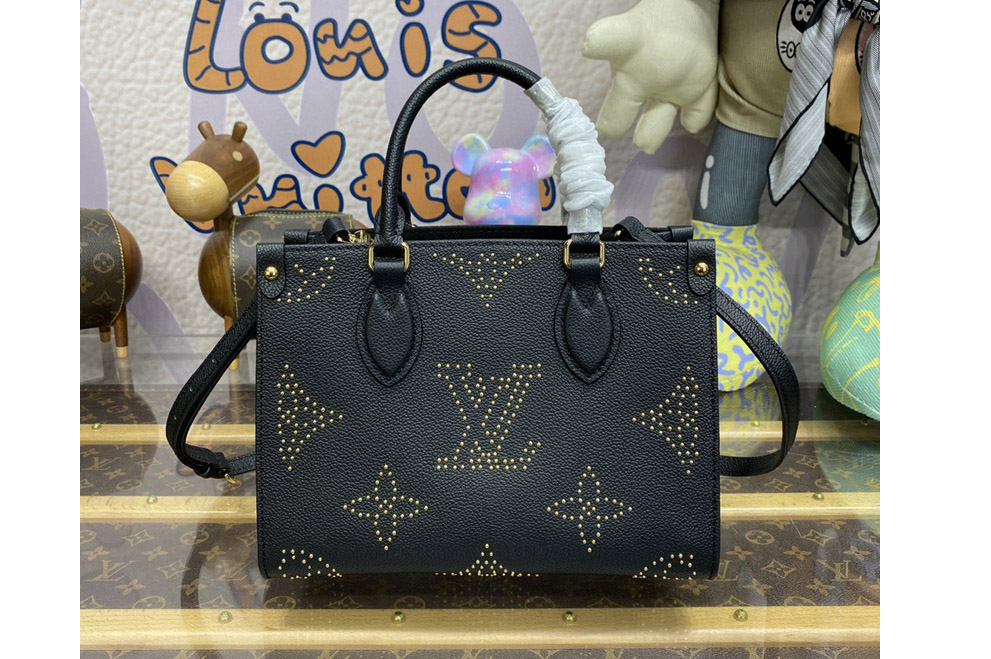 Louis Vuitton M46733 LV OnTheGo PM handbag in Black Monogram Empreinte grained cowhide leather with studs