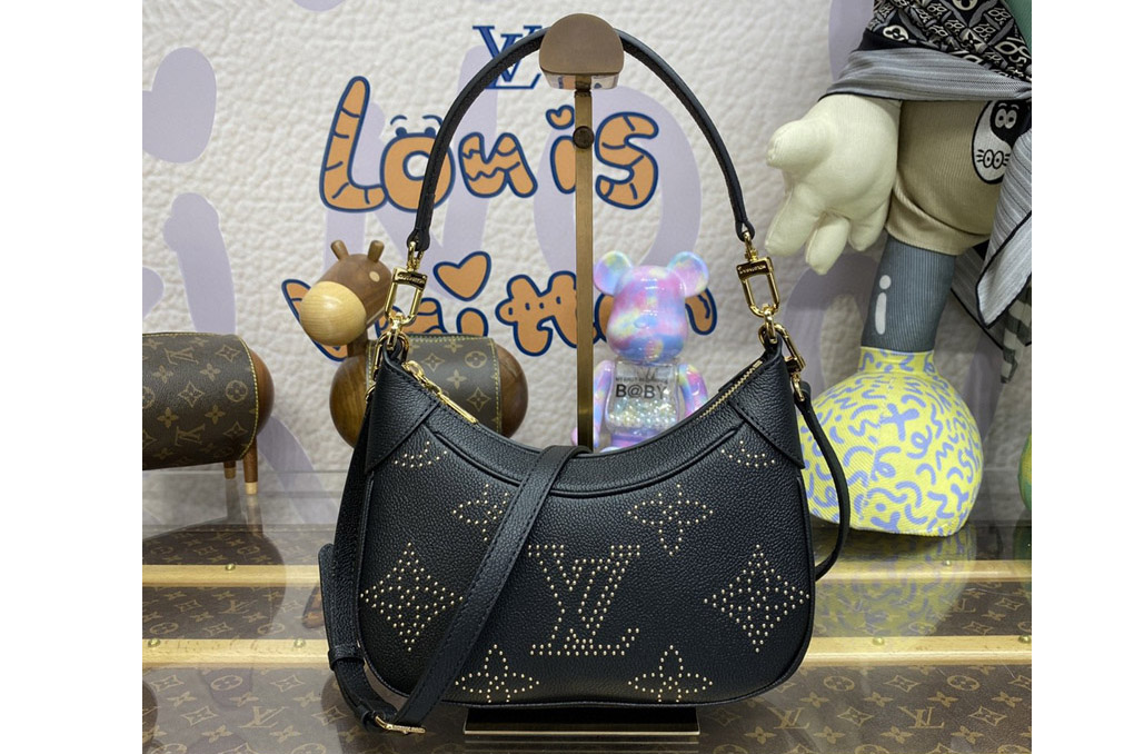Louis Vuitton M46735 LV Bagatelle handbag in Black Monogram Empreinte grained cowhide leather with studs