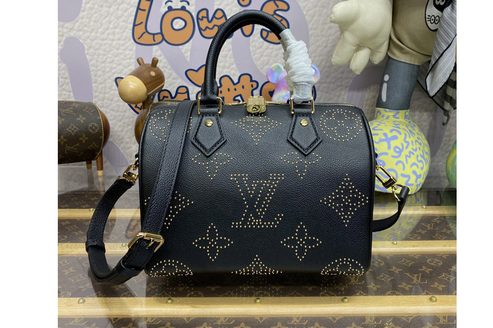 Louis Vuitton M46736 LV Speedy Bandoulière 25 bag in Black Monogram Empreinte grained cowhide leather with studs