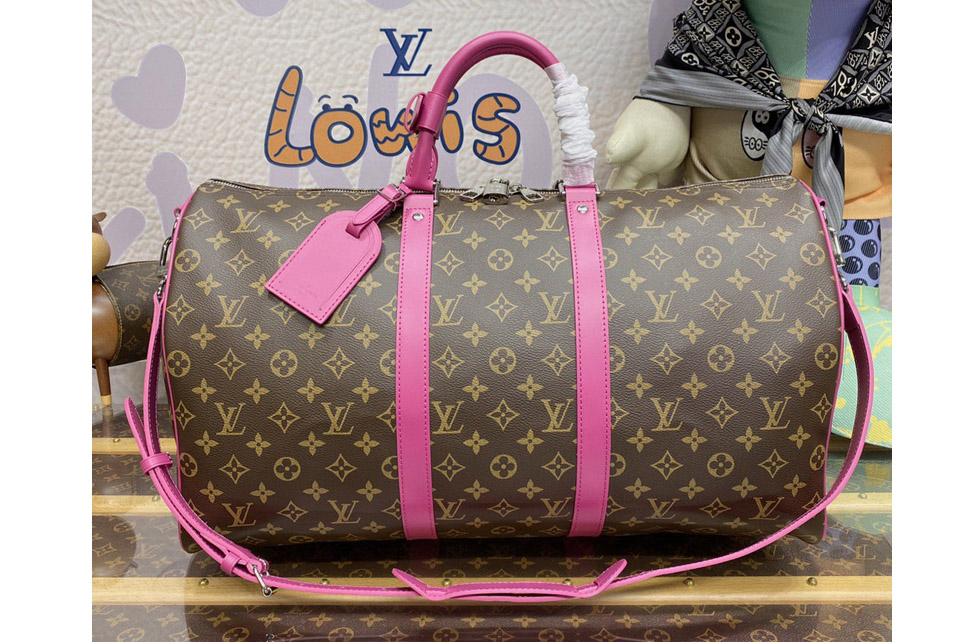 Louis Vuitton M46773 LV Keepall Bandouliere 50 travel bag in Monogram Macassar coated canvas With Pink