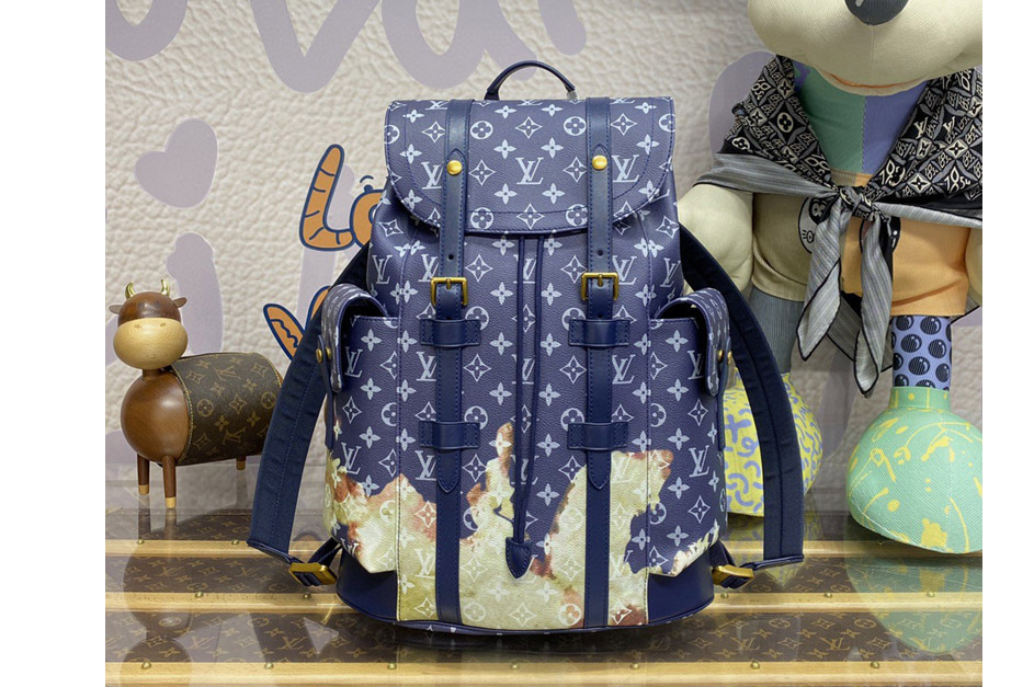 Louis Vuitton M46805 LV Christopher MM backpack in Ink Blue Monogram Bleach coated canvas