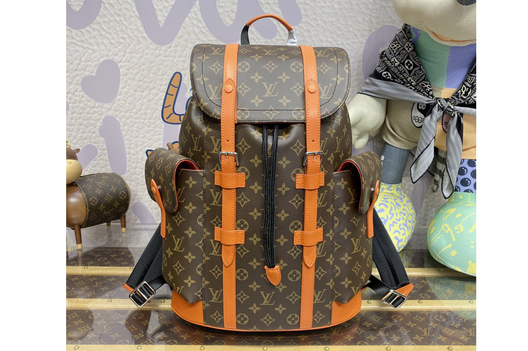 Louis Vuitton M46814 LV Christopher MM backpack in Monogram Macassar coated canvas and cowhide leather With Orange