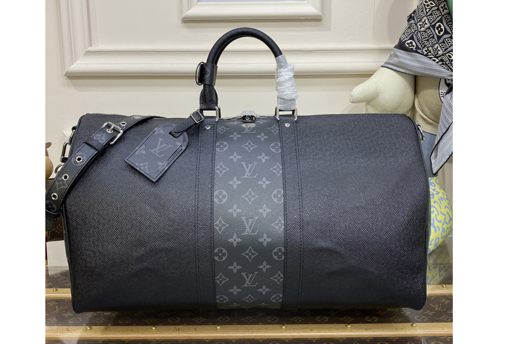 Louis Vuitton M53763 LV Keepall 50 Bandoulière Bag in Black Taiga cowhide leather and Monogram Eclipse coated canvas