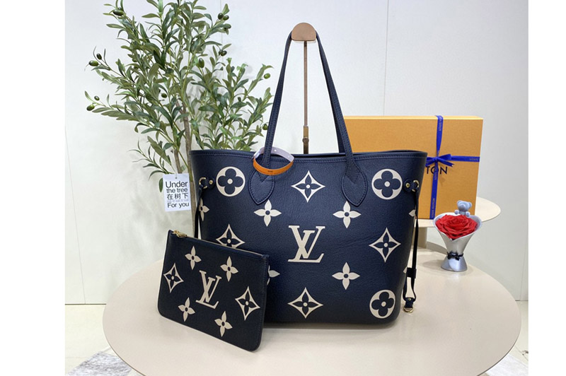 Louis Vuitton M58907 LV Neverfull MM tote bag in Black/Beige Monogram Empreinte leather