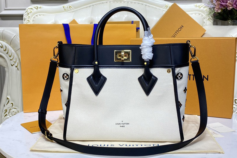 Louis Vuitton M59842 On My Side MM tote bag in Canvas and White smooth cowhide leather