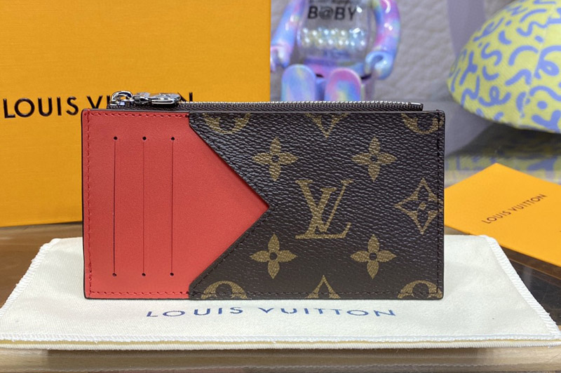 Louis Vuitton M82908 LV Coin Card Holder in Monogram Macassar coated canvas With Red