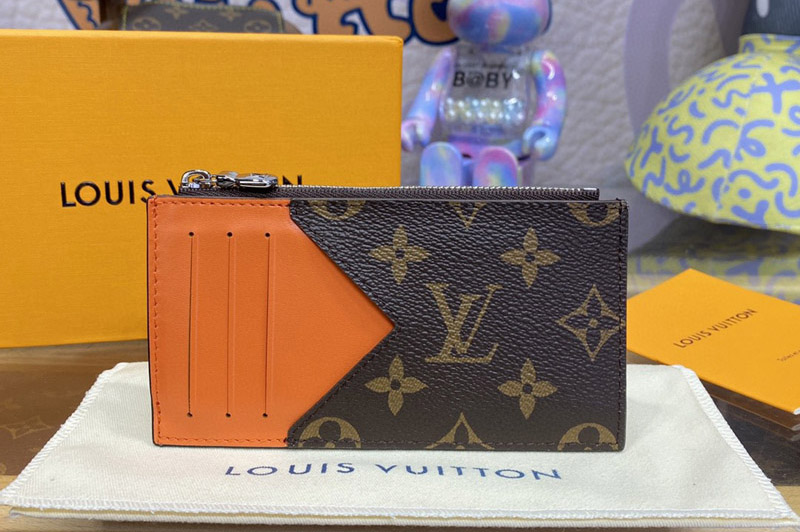 Louis Vuitton M82909 LV Coin Card Holder in Monogram Macassar coated canvas With Orange