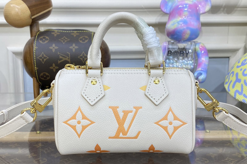 Louis Vuitton M81625 LV Nano Speedy Bag in Apricot/Yellow Monogram Empreinte embossed supple grained cowhide leather