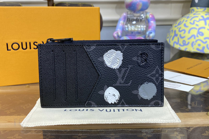 Louis Vuitton M81930 LV x YK Coin Card Holder Wallet in Monogram Eclipse coated canvas with 3D Painted Dots print