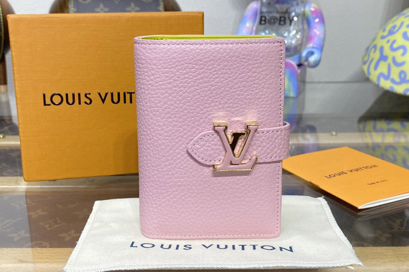 Louis Vuitton M82144 LV Vertical compact wallet in Rose Jasmin Pink / Pistache Green Taurillon leather