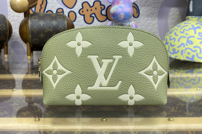 Louis Vuitton M82493 LV Pochette Cosmétique PM bag in Kaki Fango / Cream Monogram Empreinte embossed leather