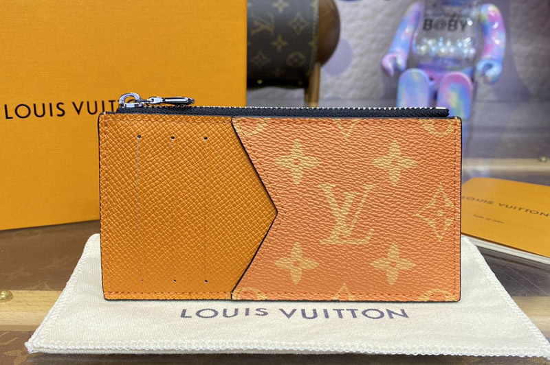 Louis Vuitton M83102 LV Coin Card Holder in Orange Taiga cowhide leather and Monogram coated canvas