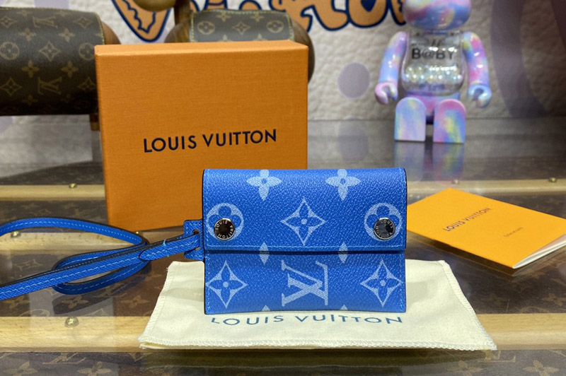 Louis Vuitton M83153 LV Coin Card Holder in Blue Taiga cowhide leather and Monogram coated canvas