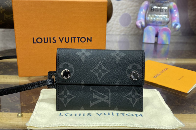 Louis Vuitton M83155 LV Coin Card Holder in Black Taiga cowhide leather and Monogram coated canvas