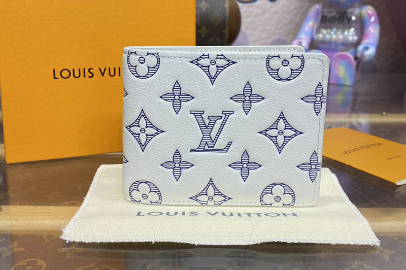 Louis Vuitton M83380 LV compact Multiple Wallet in White/Navy Monogram Shadow calfskin leather