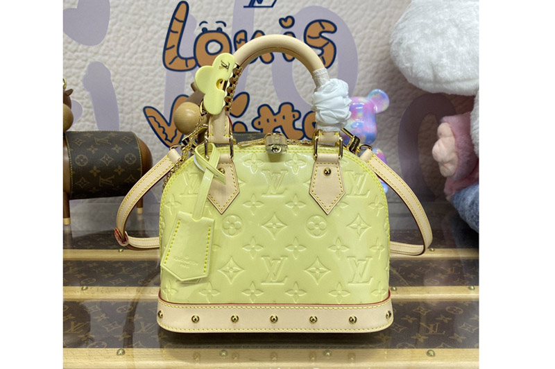 Louis Vuitton M24063 LV Alma BB Bag in Chic and Yellow shiny Monogram Vernis leather