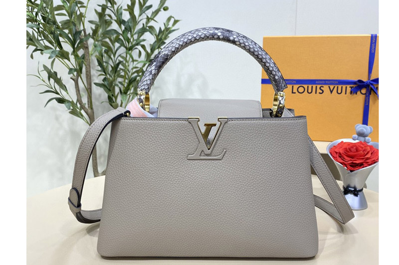 Louis Vuitton N92800 LV Capucines MM handbag in Gray Taurillon-leather and Python-leather trim