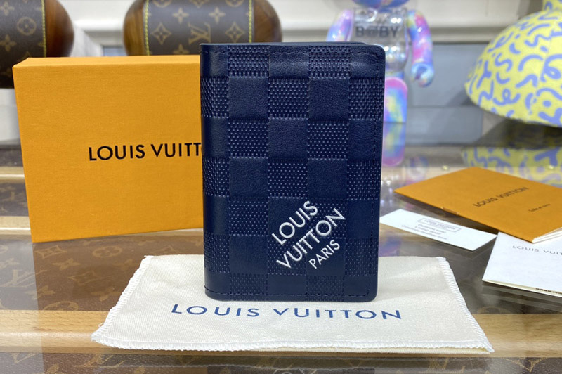 Louis Vuitton N60543 LV Pocket Organizer Wallet in Blue Damier Infini cowhide leather and Damier Graphite coated canvas