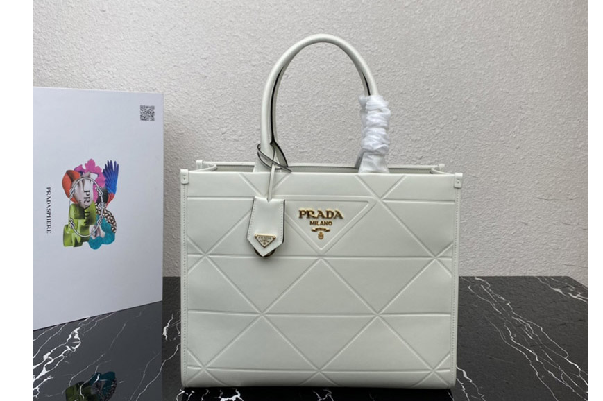 Prada 1BA378 Medium leather Prada Symbole bag with topstitching in White Leather