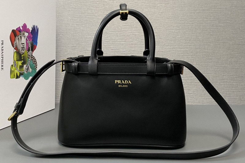 Prada 1BA418 Small leather handbag with belt in Black Leather