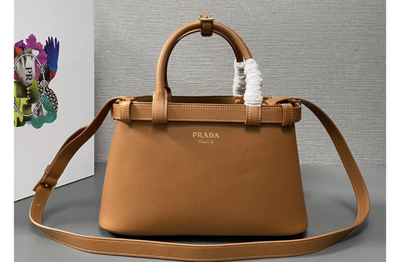 Prada 1BA418 Small leather handbag with belt in Tan Leather
