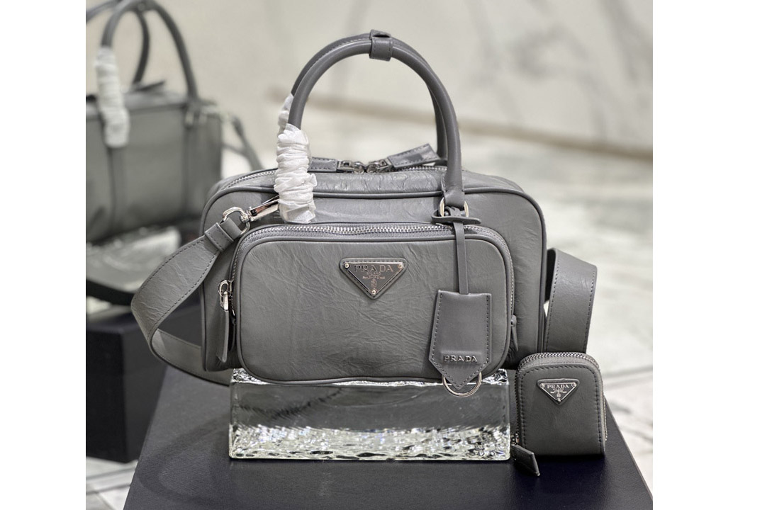 Prada 1BB099 Antique nappa leather multi-pocket top-handle bag in Gray Leather