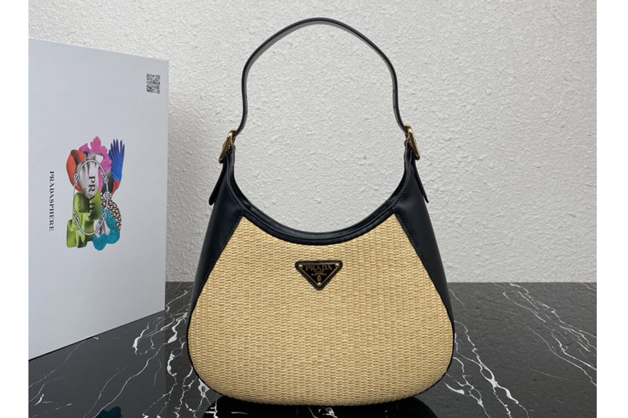 Prada 1BC179 Fabric and leather shoulder bag in Tan/Black Straw/wicker