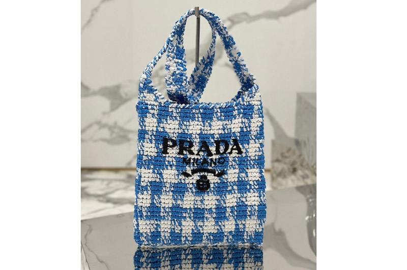 Prada 1BC184 Crochet tote bag in Blue Raffia-effect yarn
