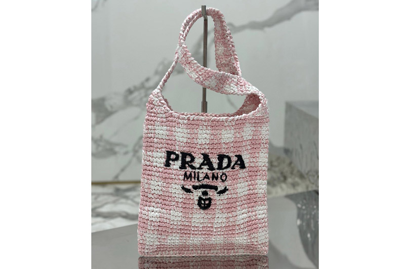 Prada 1BC184 Crochet tote bag in Pink Raffia-effect yarn