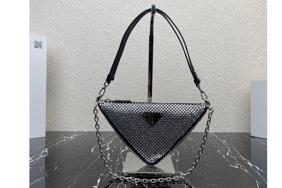 Prada 1BC190 Prada Triangle satin mini-bag with crystals in Silver