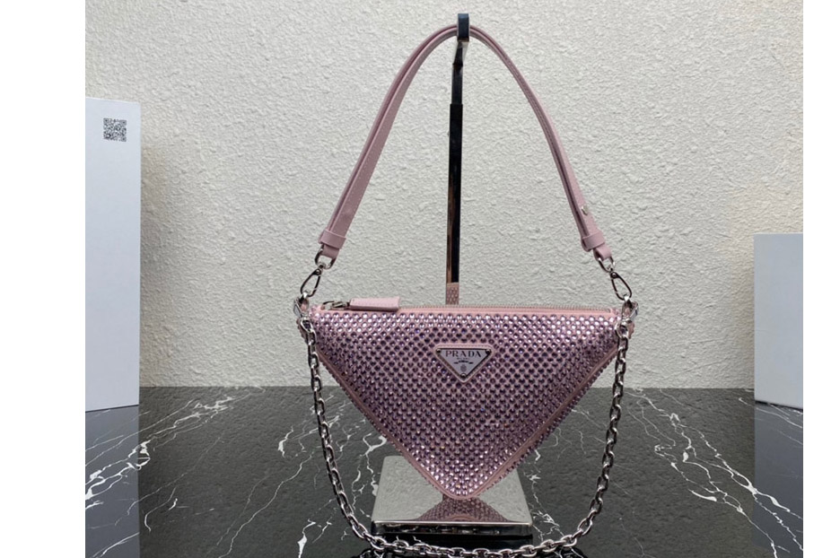 Prada 1BC190 Prada Triangle satin mini-bag with crystals in Pink