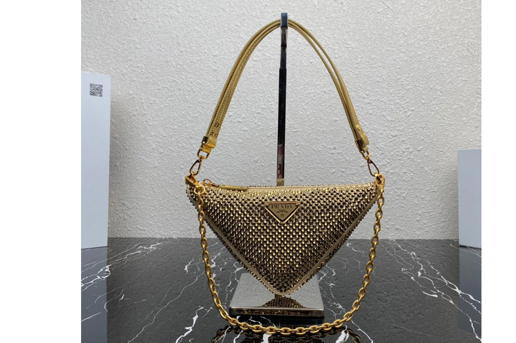 Prada 1BC190 Prada Triangle satin mini-bag with crystals in Gold