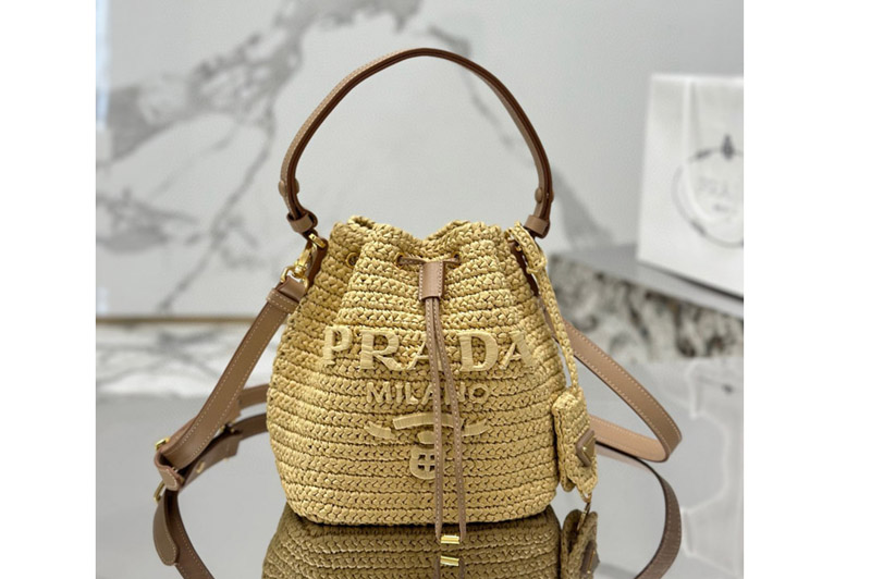 Prada 1BE068 Crochet and leather mini-bucket bag in Raffia-effect yarn