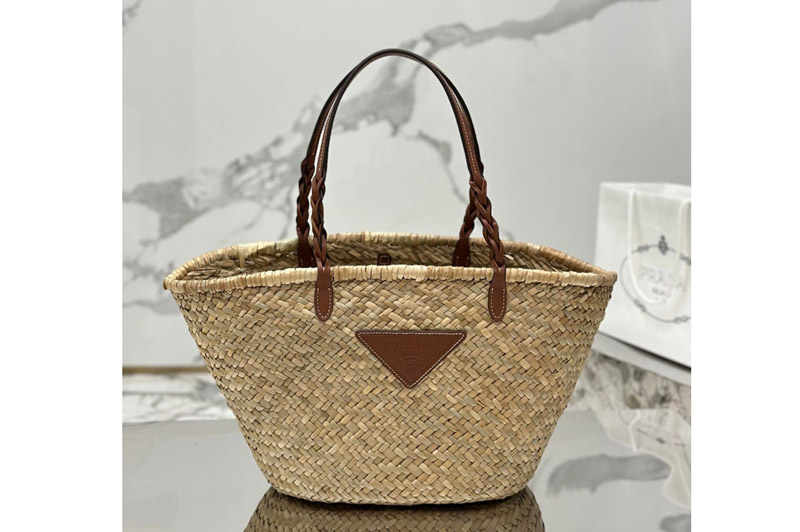 Prada 1BG314 Woven Palm and Leather Tote Bag in Beige/Cognac Woven Palm and Leather