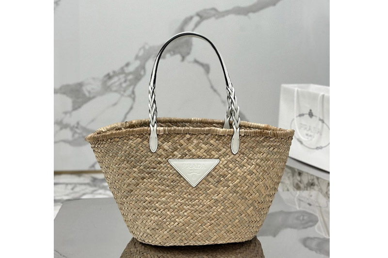 Prada 1BG314 Woven Palm and Leather Tote Bag in Tan/White Woven Palm and Leather