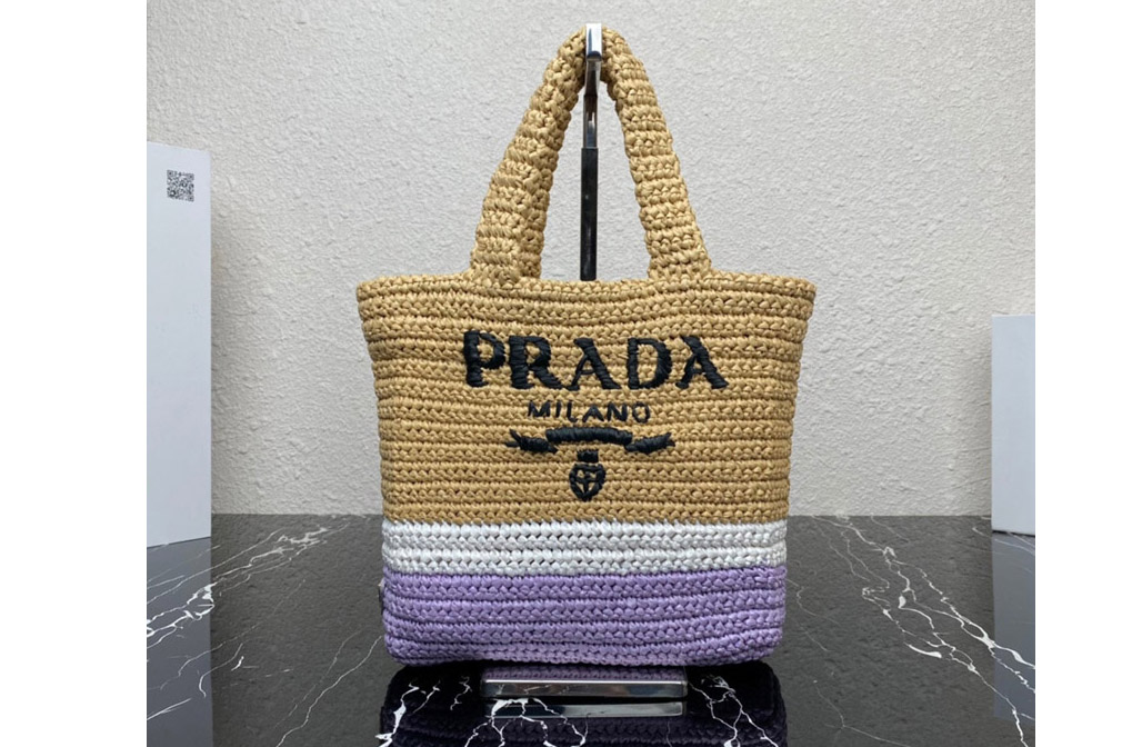 Prada 1BG422 Small crochet tote bag in Natural/Purple Straw/wicker