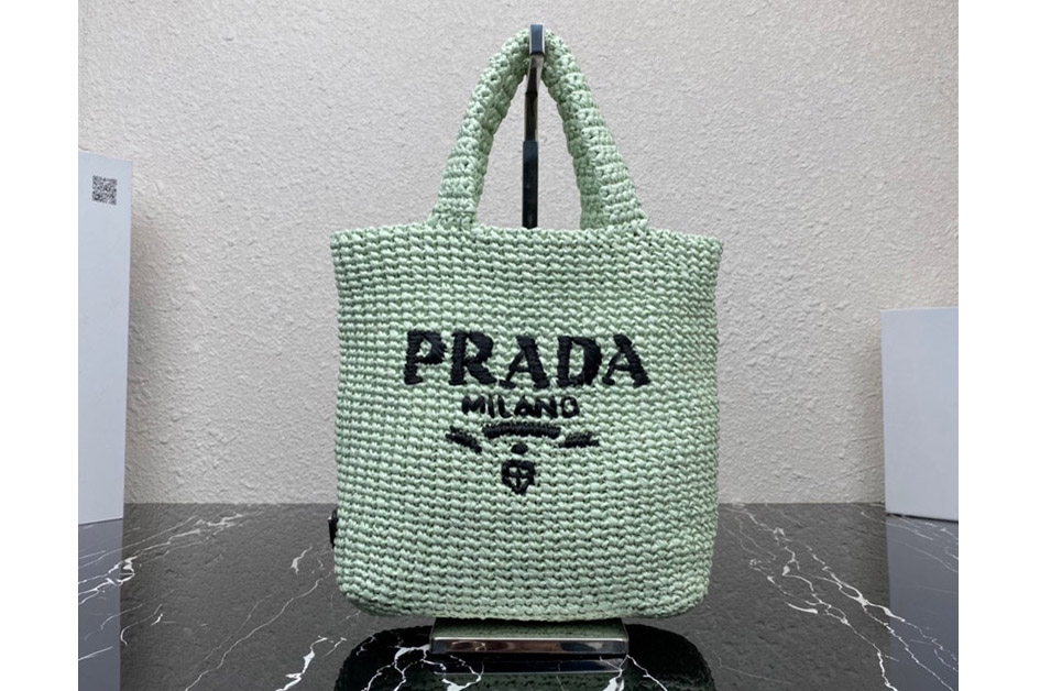 Prada 1BG422 Small crochet tote bag in Green Straw/wicker
