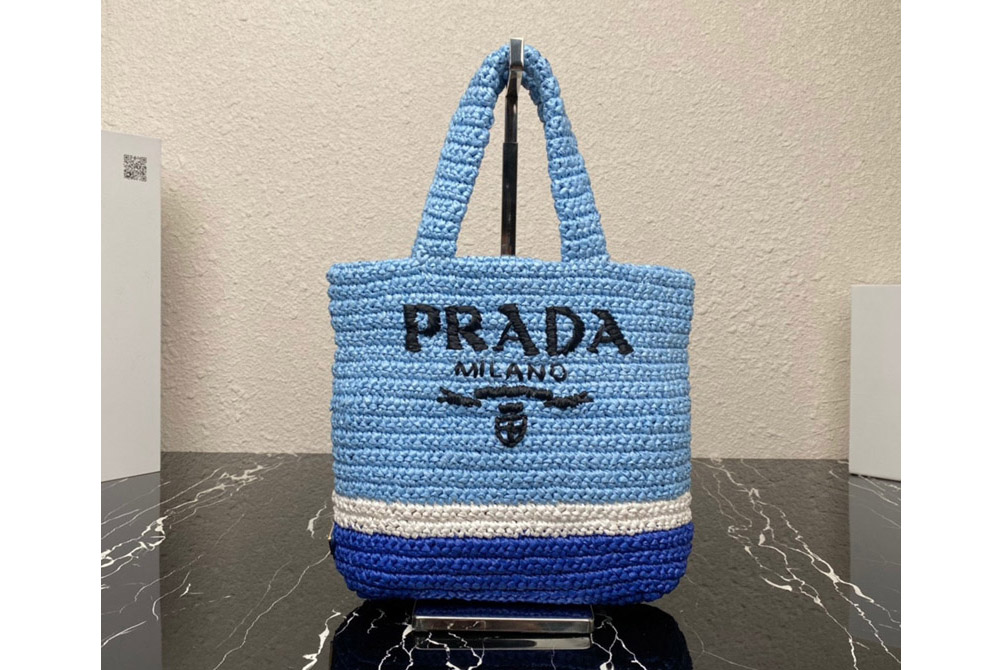 Prada 1BG422 Small crochet tote bag in Celeste/Blue Straw/wicker