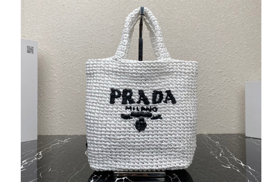 Prada 1BG422 Small crochet tote bag in White Straw/wicker