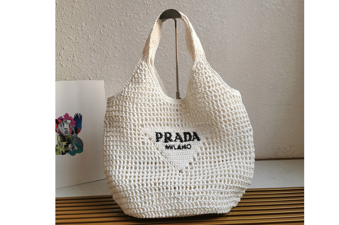 Prada 1BG424 Crochet tote bag in White Straw/wicker