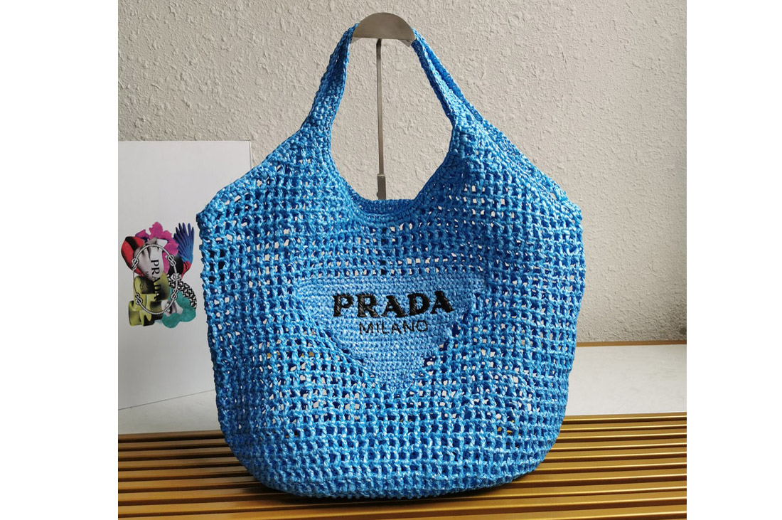 Prada 1BG424 Crochet tote bag in Blue Straw/wicker