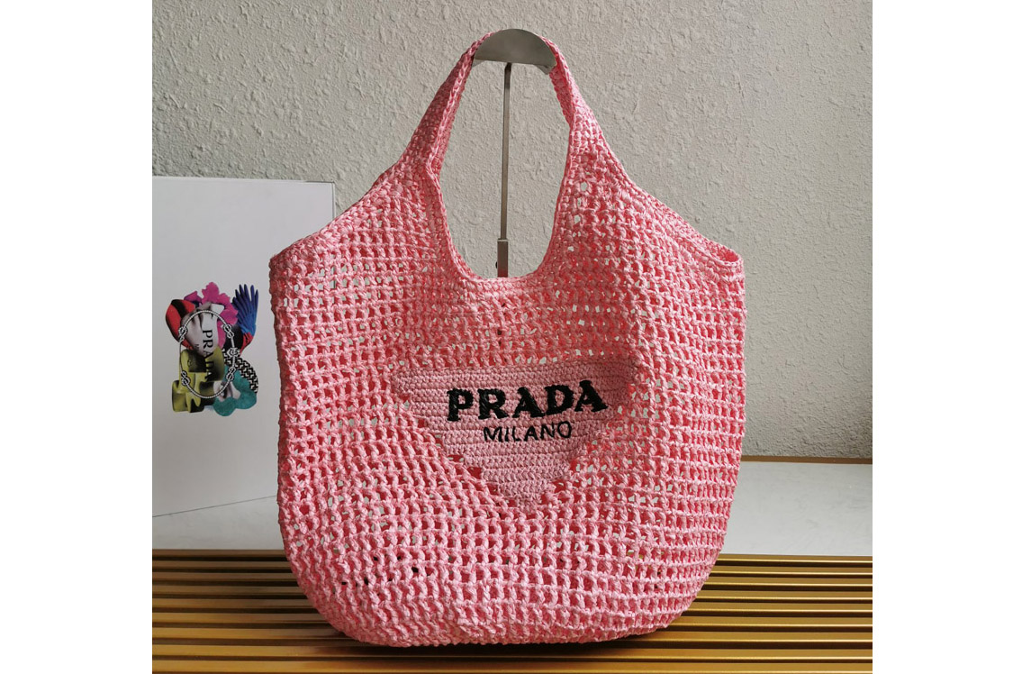 Prada 1BG424 Crochet tote bag in Pink Straw/wicker