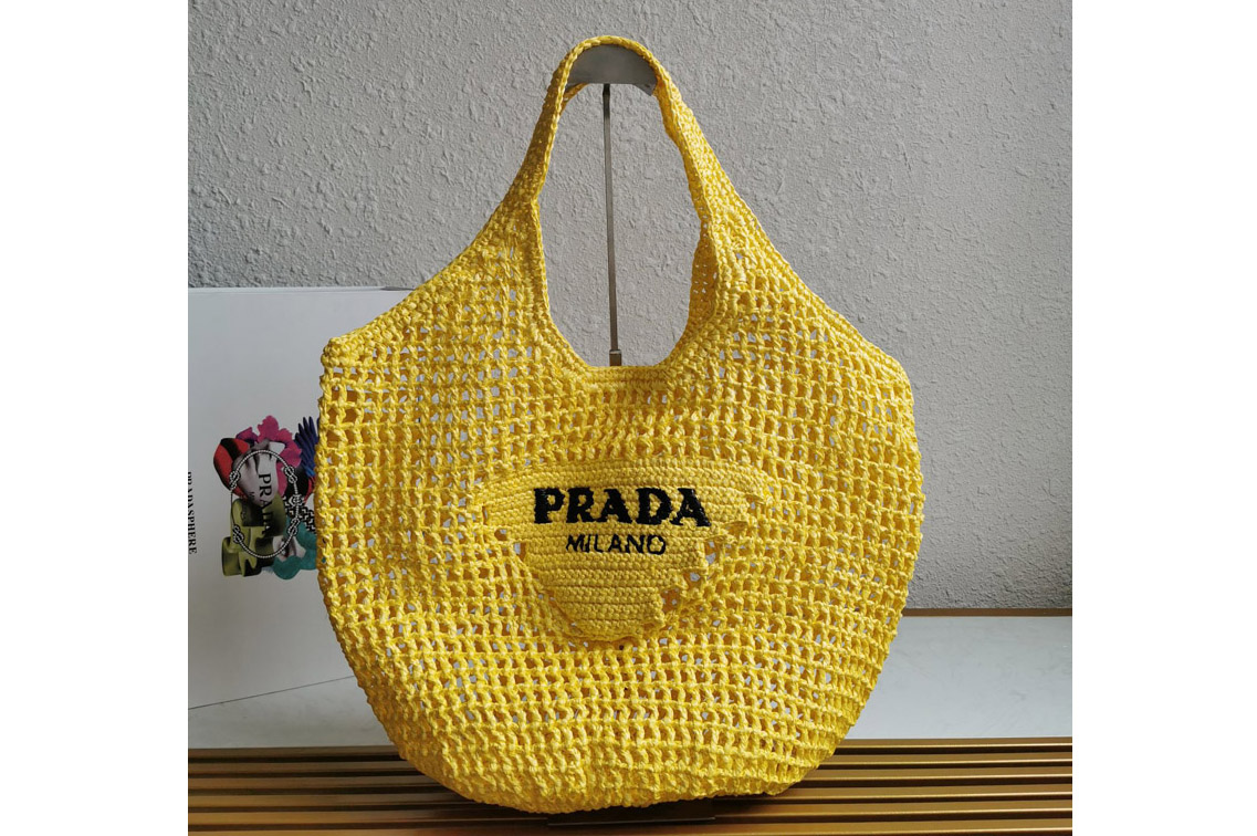 Prada 1BG424 Crochet tote bag in Yellow Straw/wicker