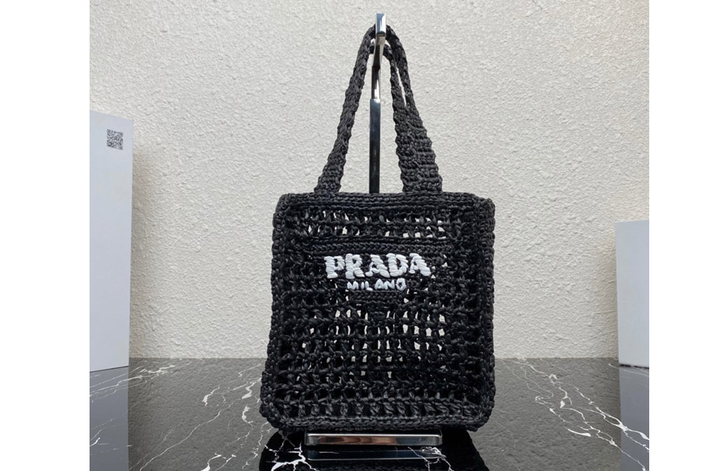 Prada 1BG444 Small crochet tote bag in Black Straw/wicker