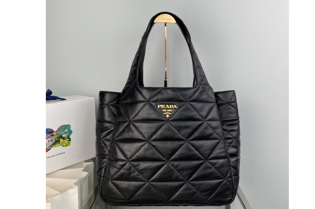 Prada 1BG449 Large nappa-leather tote bag with topstitching in Black Leather