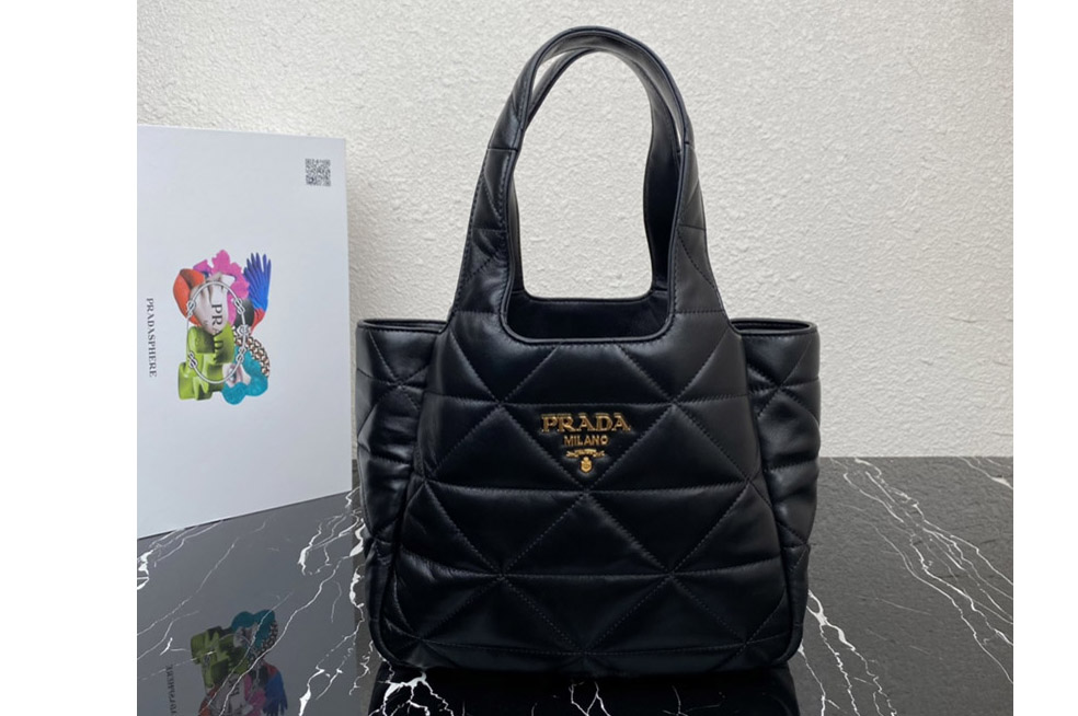 Prada 1BG451 Small nappa-leather tote bag with topstitching in Black Leather