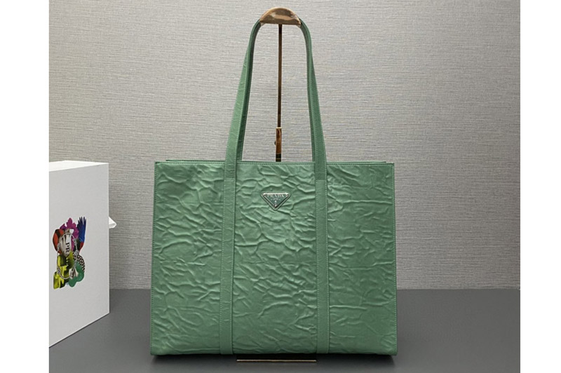 Prada 1BG460 Large antique nappa leather tote Bag in Green Leather