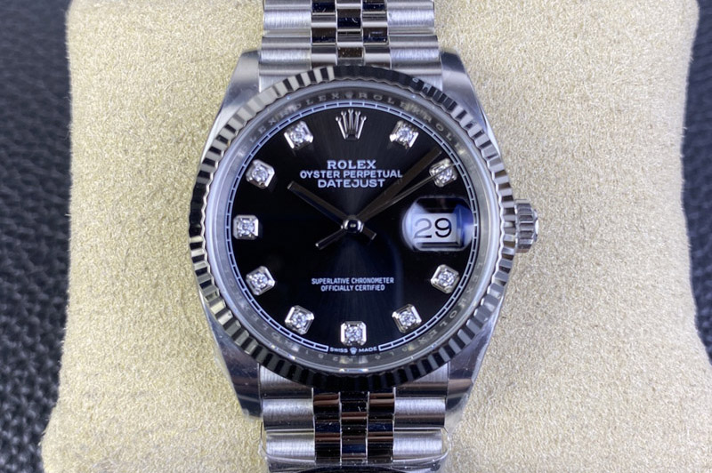 Rolex DateJust 36 126234 Clean 1:1 Best Edition 904L Steel Black Diamonds Dial on Jubilee Bracelet VR3235