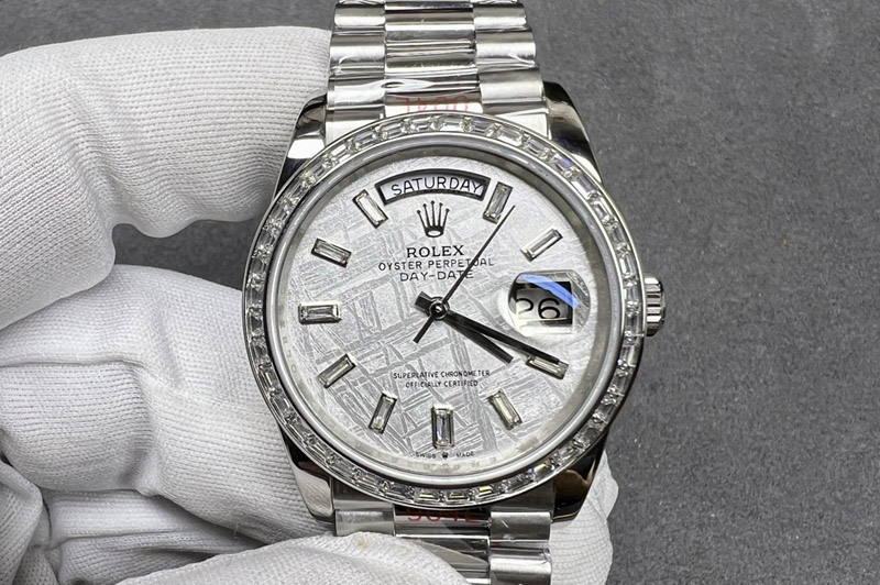 Rolex Day Date 40mm 228239 SS APSF 1:1 Best Edition White Meteorite Dial T Crystal Markers on SS President Bracelet A2836